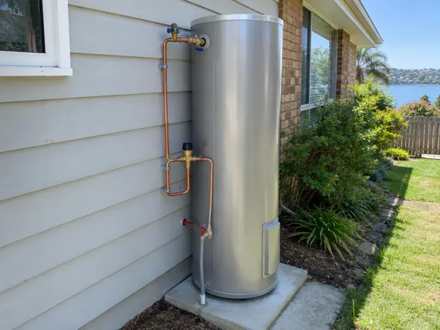 Stainless steel hot water cylinder with copper pipework beside a weatherboard house in Gymea Bay